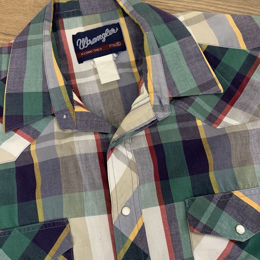 Wrangler Mens Pearl Snap Western Shirt XL Cowboy Blue Green Plaid Front Pockets